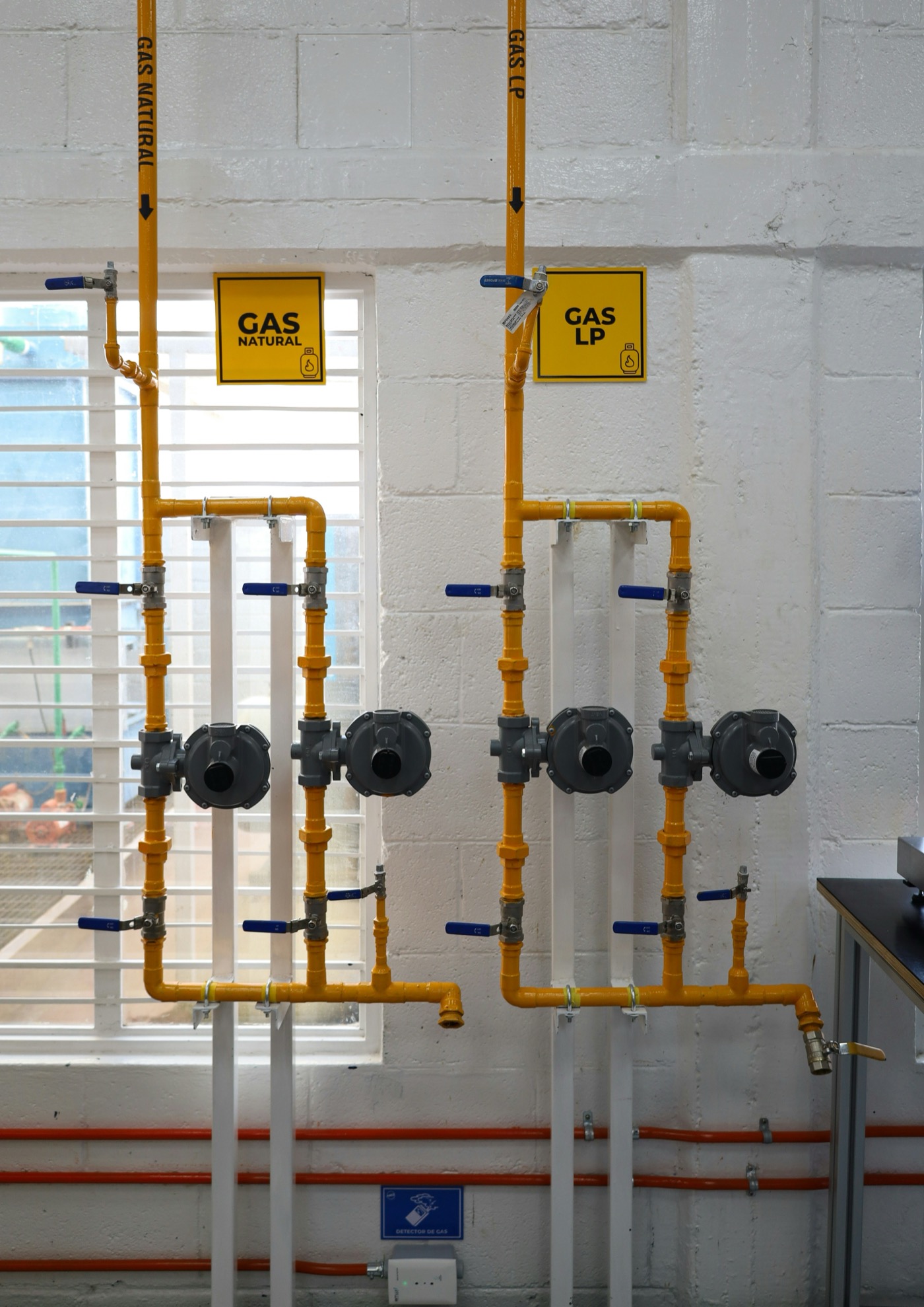 Gas pipework installation with safety labels